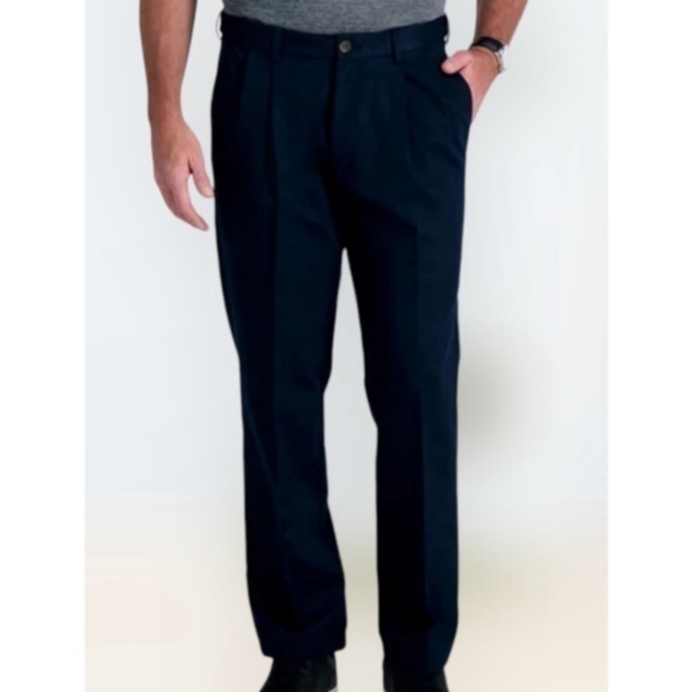 Haggar Mens Navy Blue Pleated Comfort Stretch Band Waist Dress Casual Pant 34X32